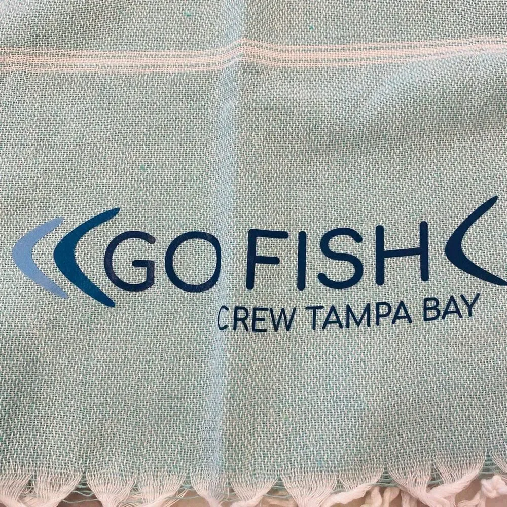 NWOT Crew Tampa Bay Go Fish Striped Fringe Turkish Beach Towel Blue 37